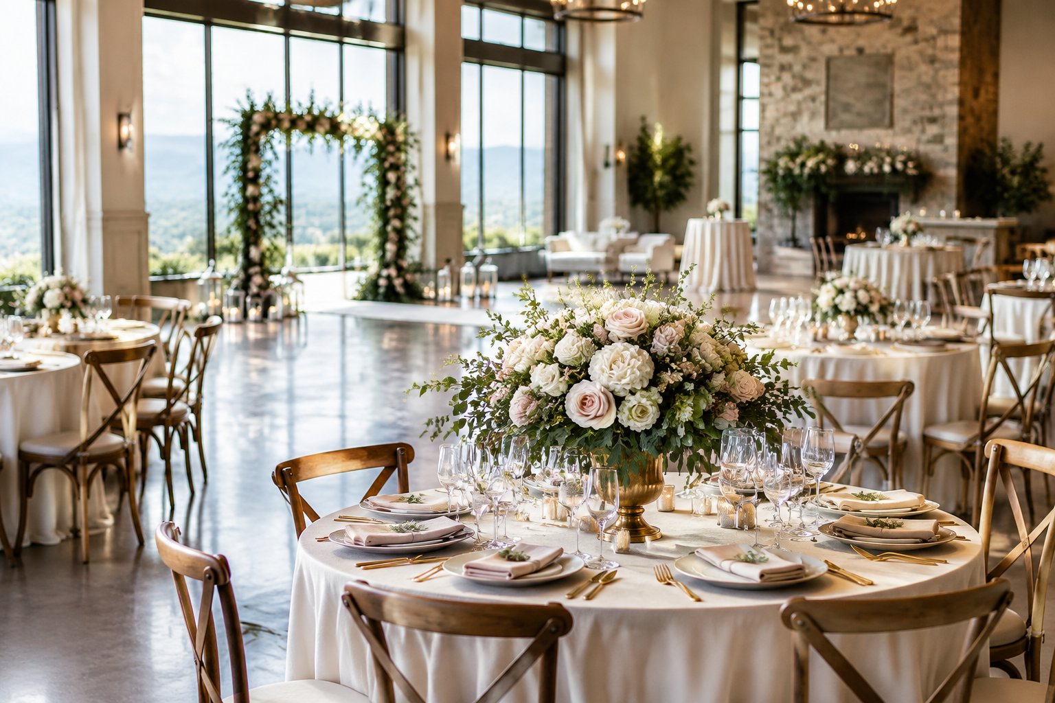 Floral arrangements decorate tables and a ceremony arch in an elegant wedding venue.