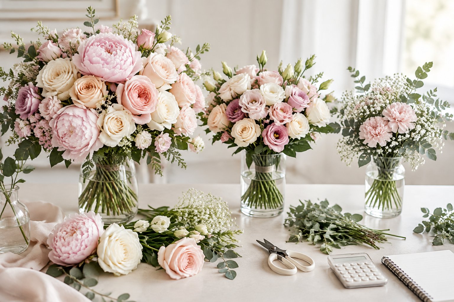 Wedding flowers arranged in three styles, from abundant premium blooms to a simple greenery bouquet, beside floral planning tools.