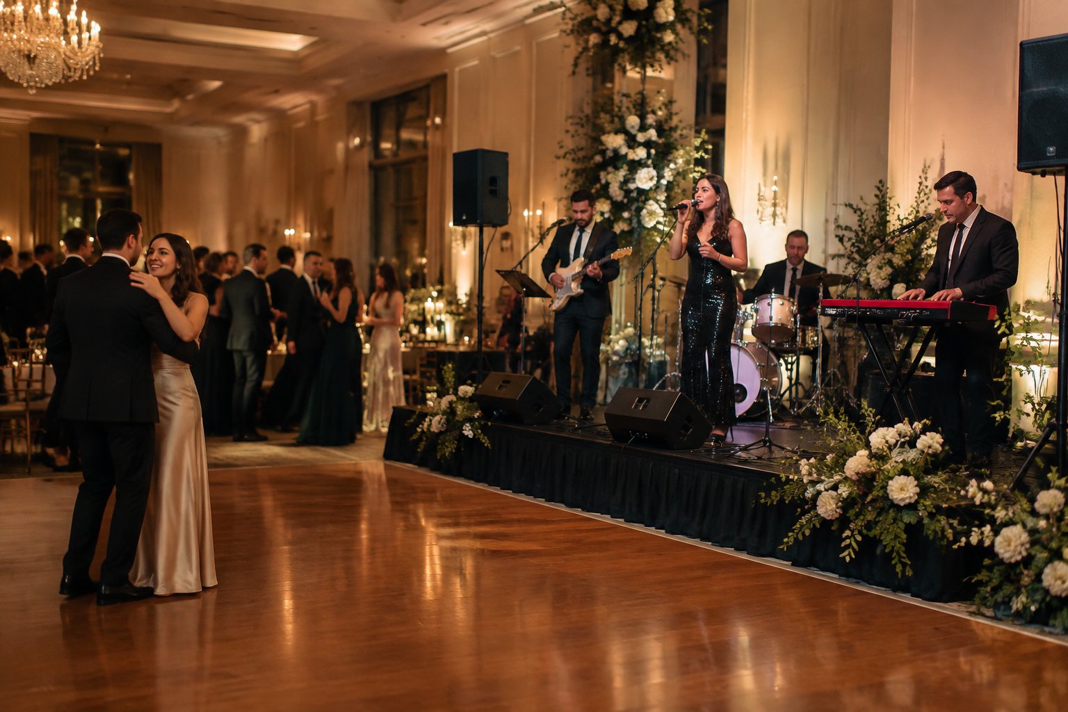 A live band performs at an elegant wedding reception while guests enjoy the music.