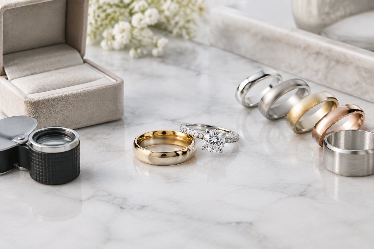 A wedding band and engagement ring displayed beside an open ring box and metal band samples.