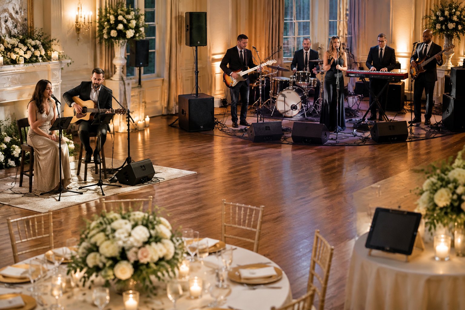 Musicians perform at an elegant wedding reception with a small ensemble beside a larger full band setup.