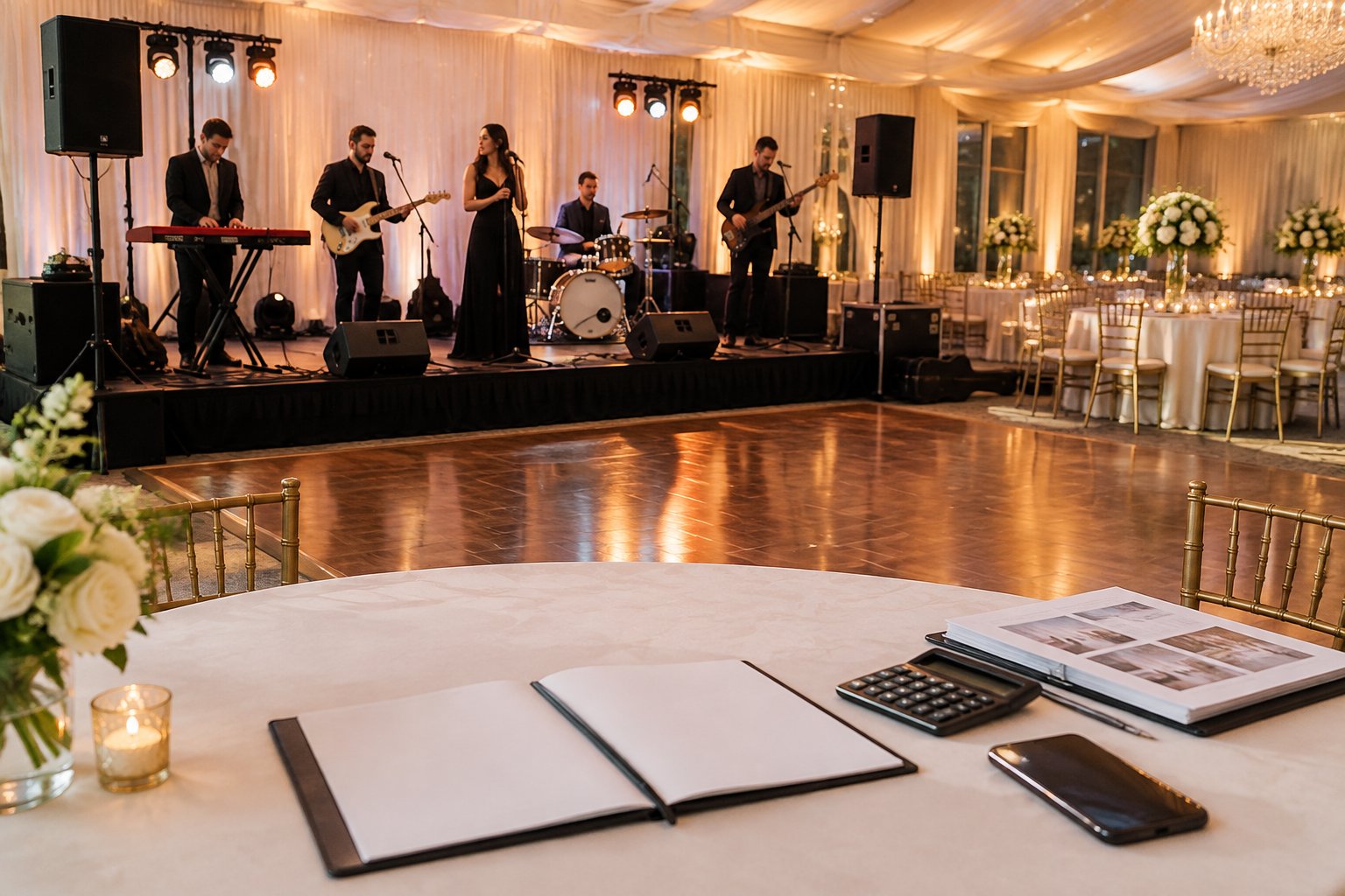 A live wedding band prepares on stage while event-planning materials and audio equipment are arranged in a reception venue.