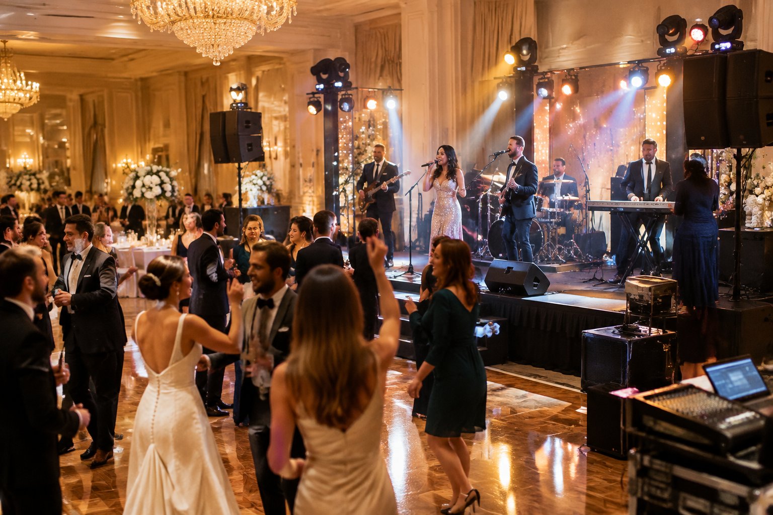 Wedding guests dance while a live band performs with professional sound and lighting equipment at an elegant reception.