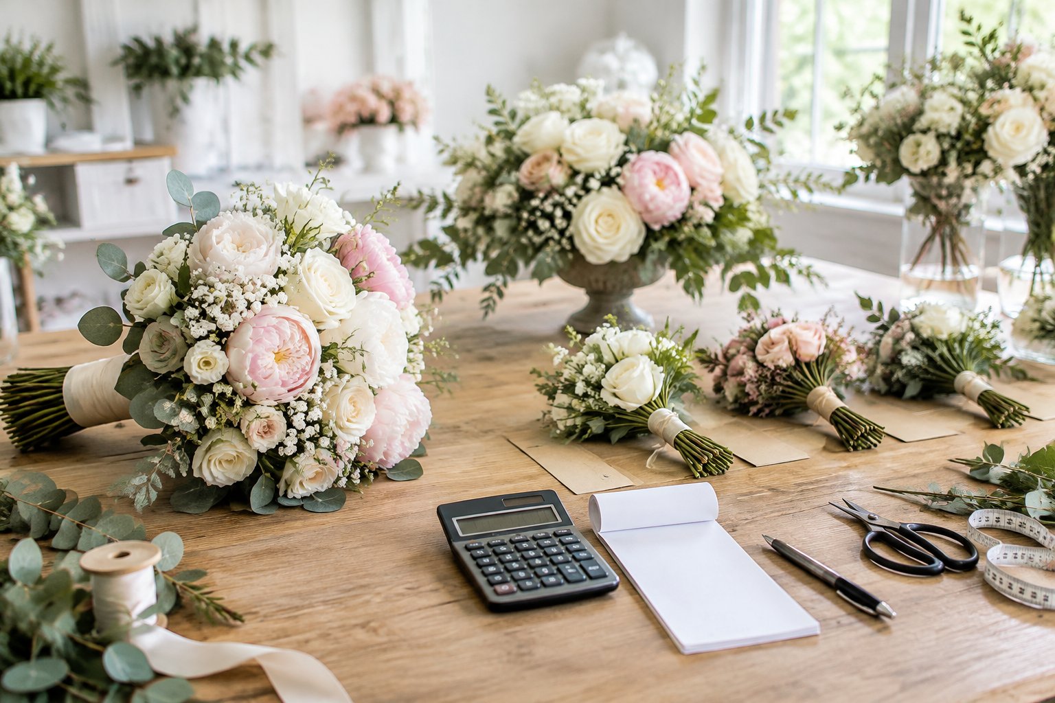 Wedding flowers and bouquets arranged on a florist's planning table.