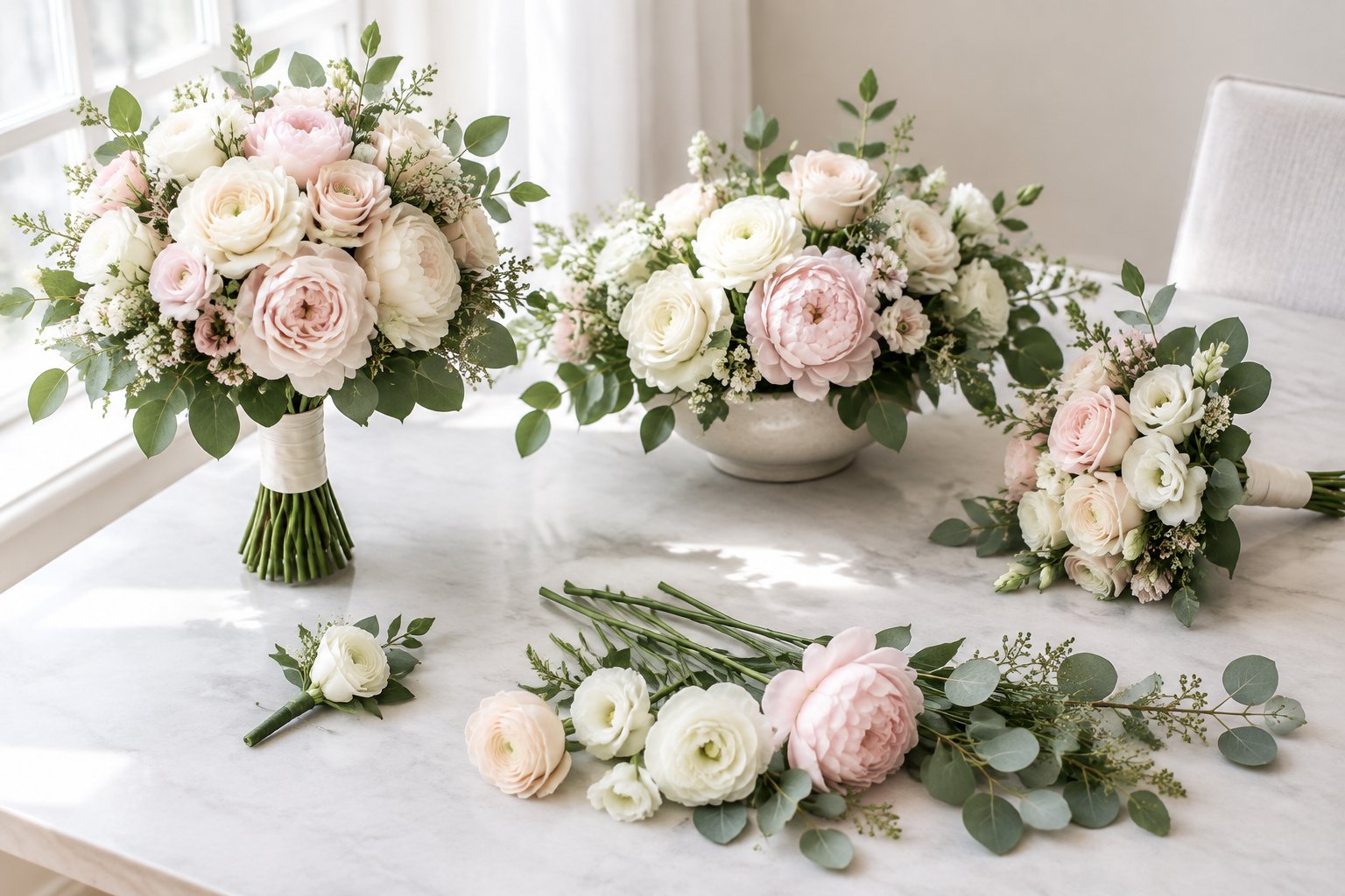 Wedding bouquets, a boutonniere, loose flowers, and a centerpiece arranged on a table.