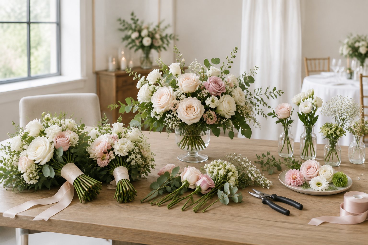 Wedding flowers, bouquets, and sample arrangements displayed on a reception table.