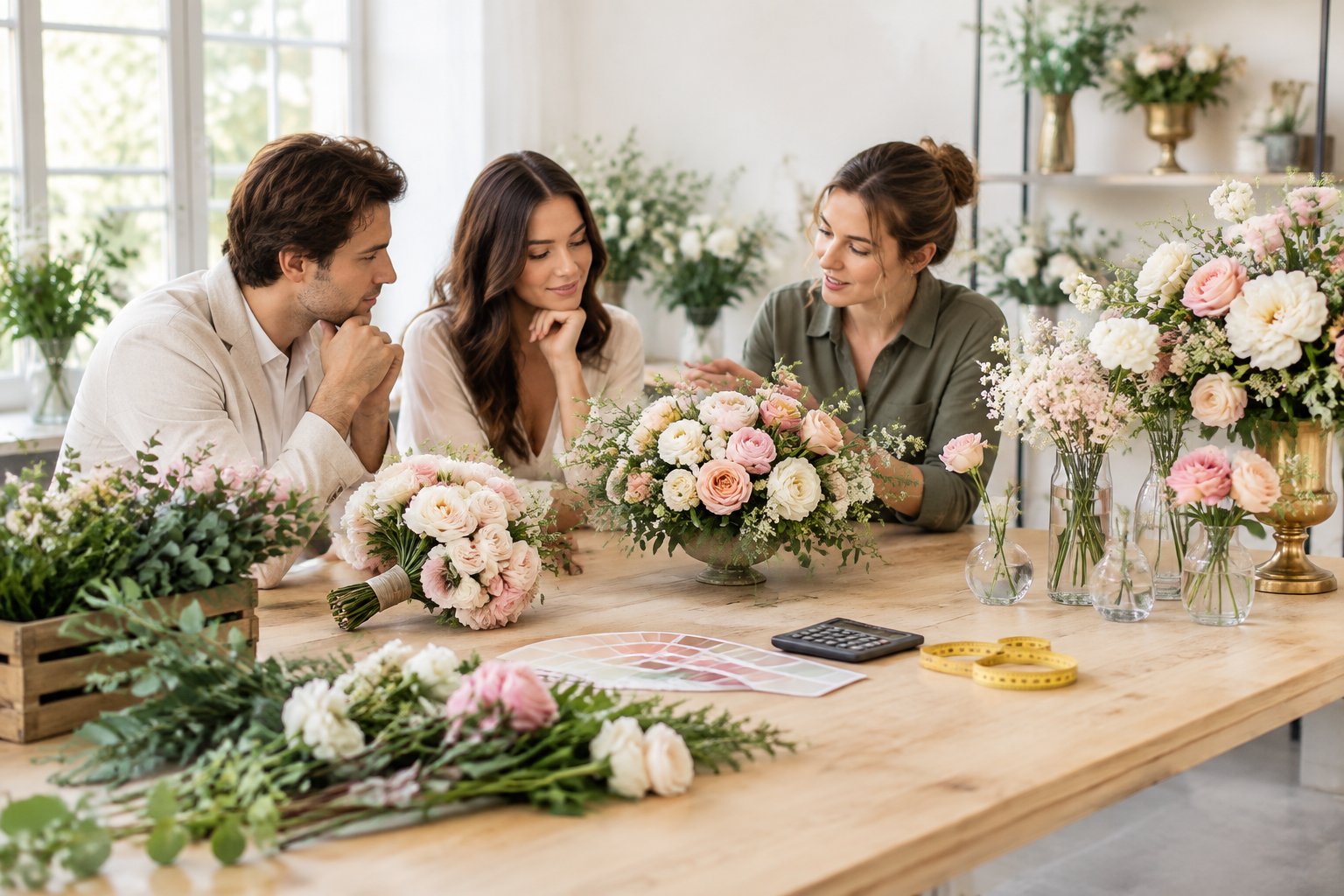 A couple consults with a florist while comparing wedding flowers and arrangements.