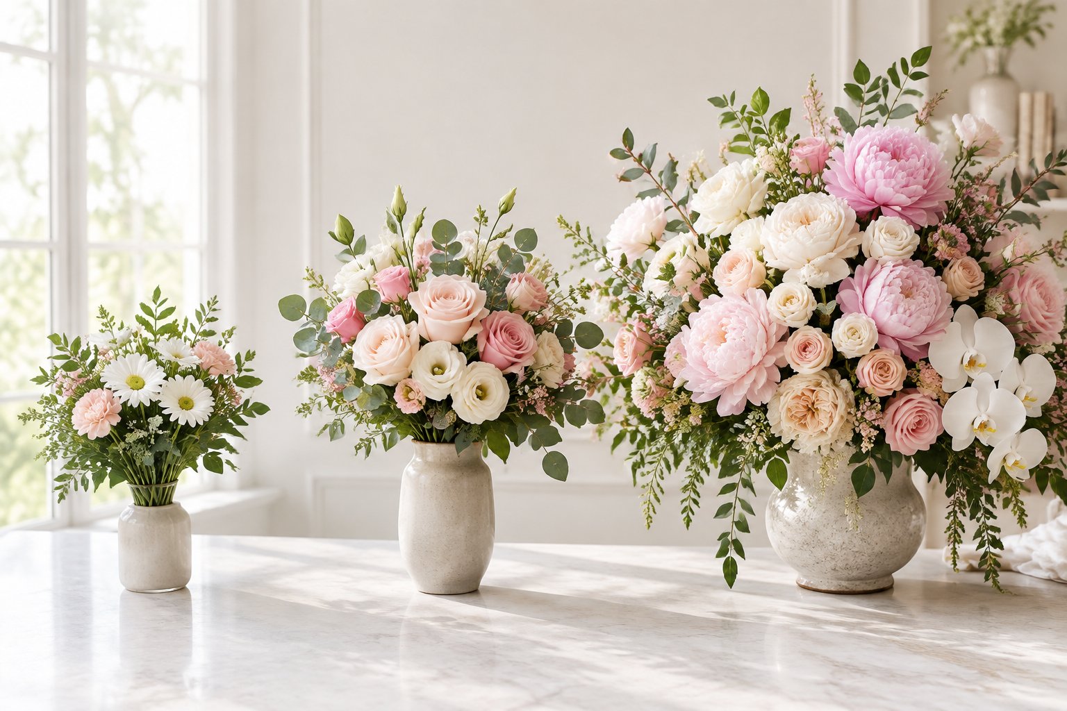 Three wedding flower arrangements ranging from simple and affordable to lush and luxurious.