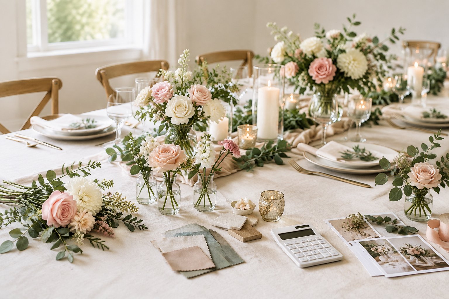 Wedding reception table decorated with seasonal flowers, candles, greenery, and simple elegant table settings.