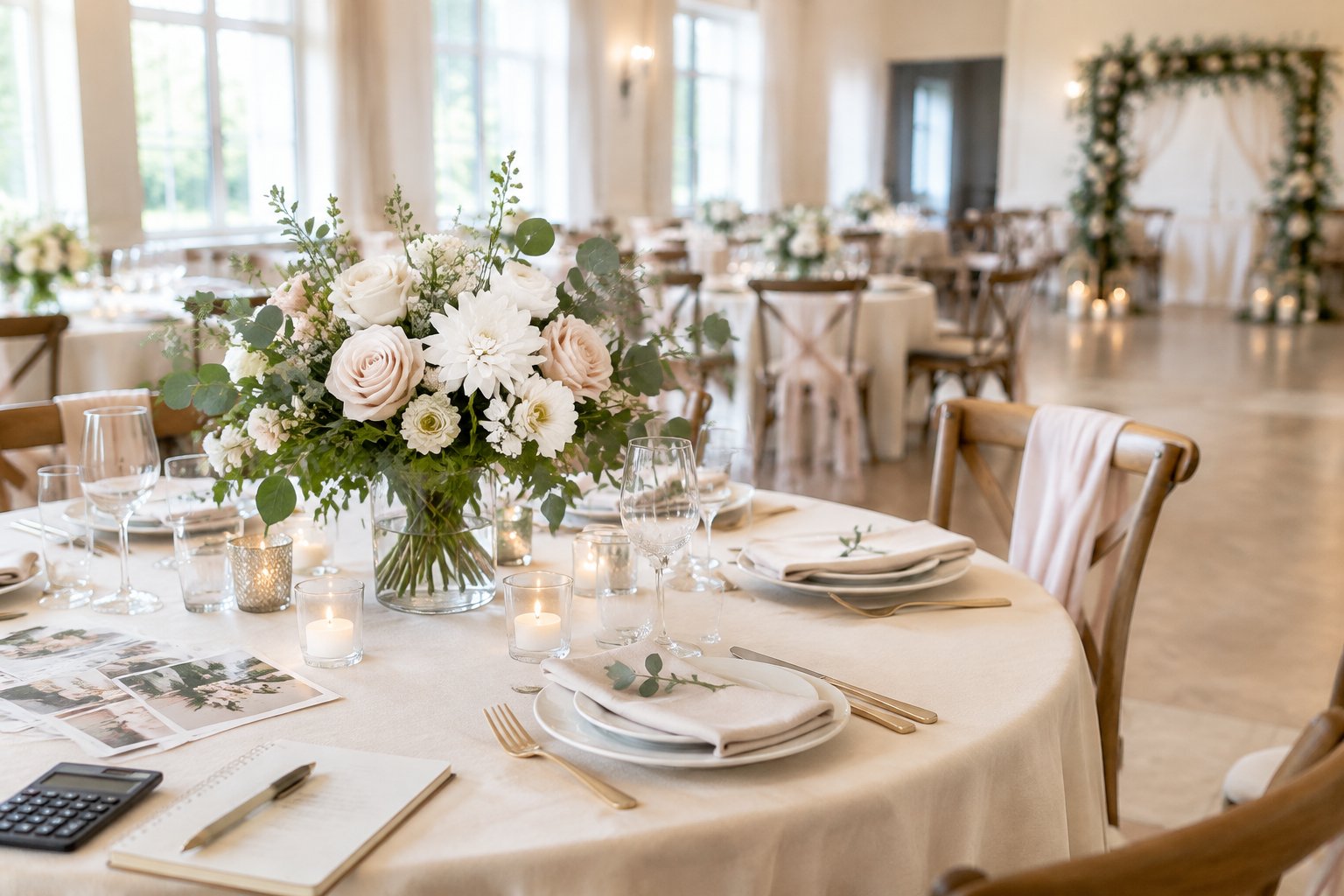 Elegant wedding reception table with seasonal floral centerpieces and tasteful decor.