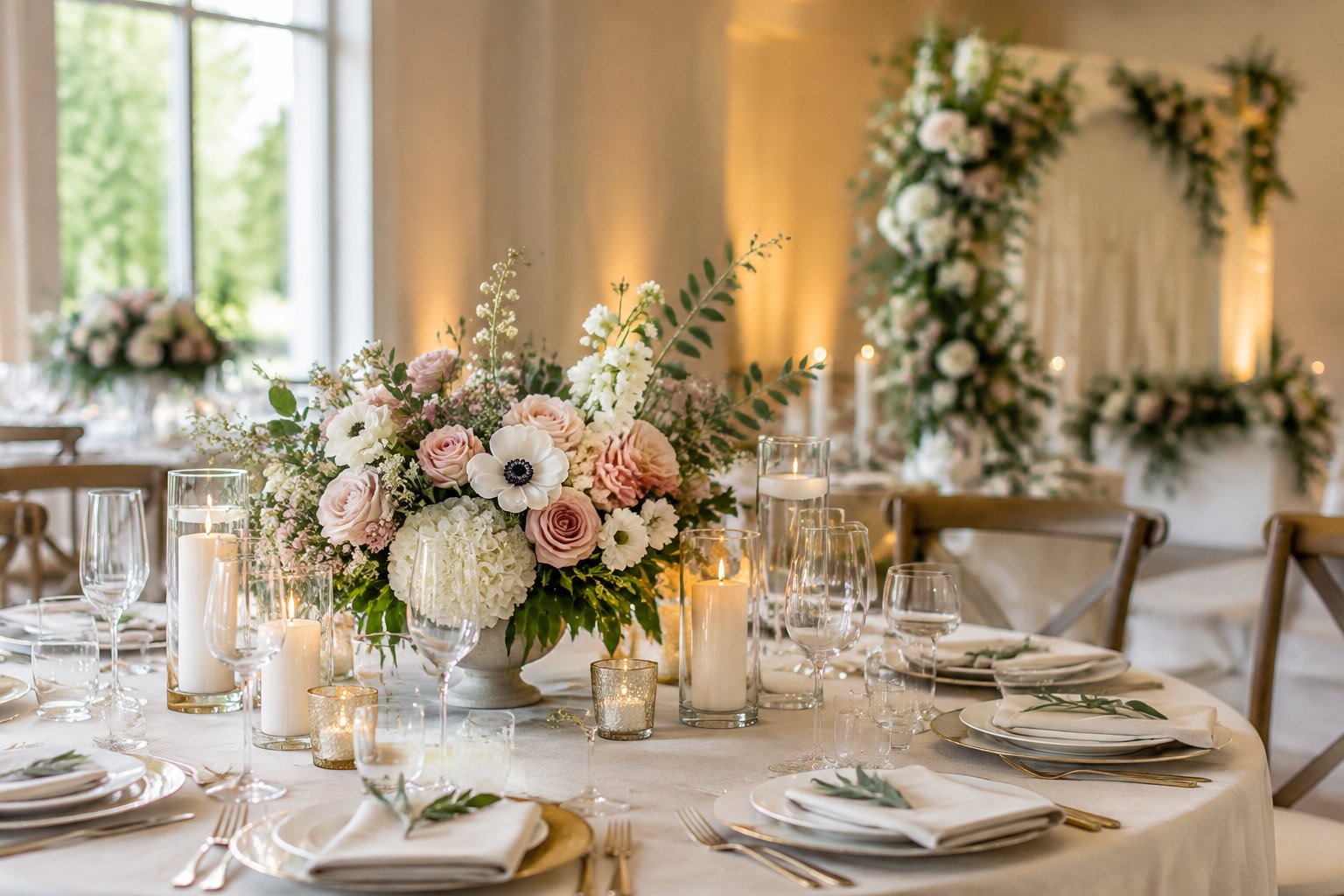 Elegant wedding reception table with a floral centerpiece, candles, and coordinated place settings.