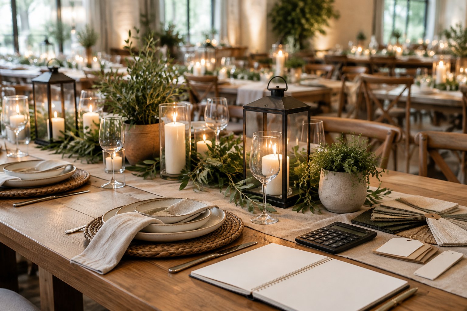 A wedding reception table decorated with candles, greenery, lanterns, and simple elegant table settings.
