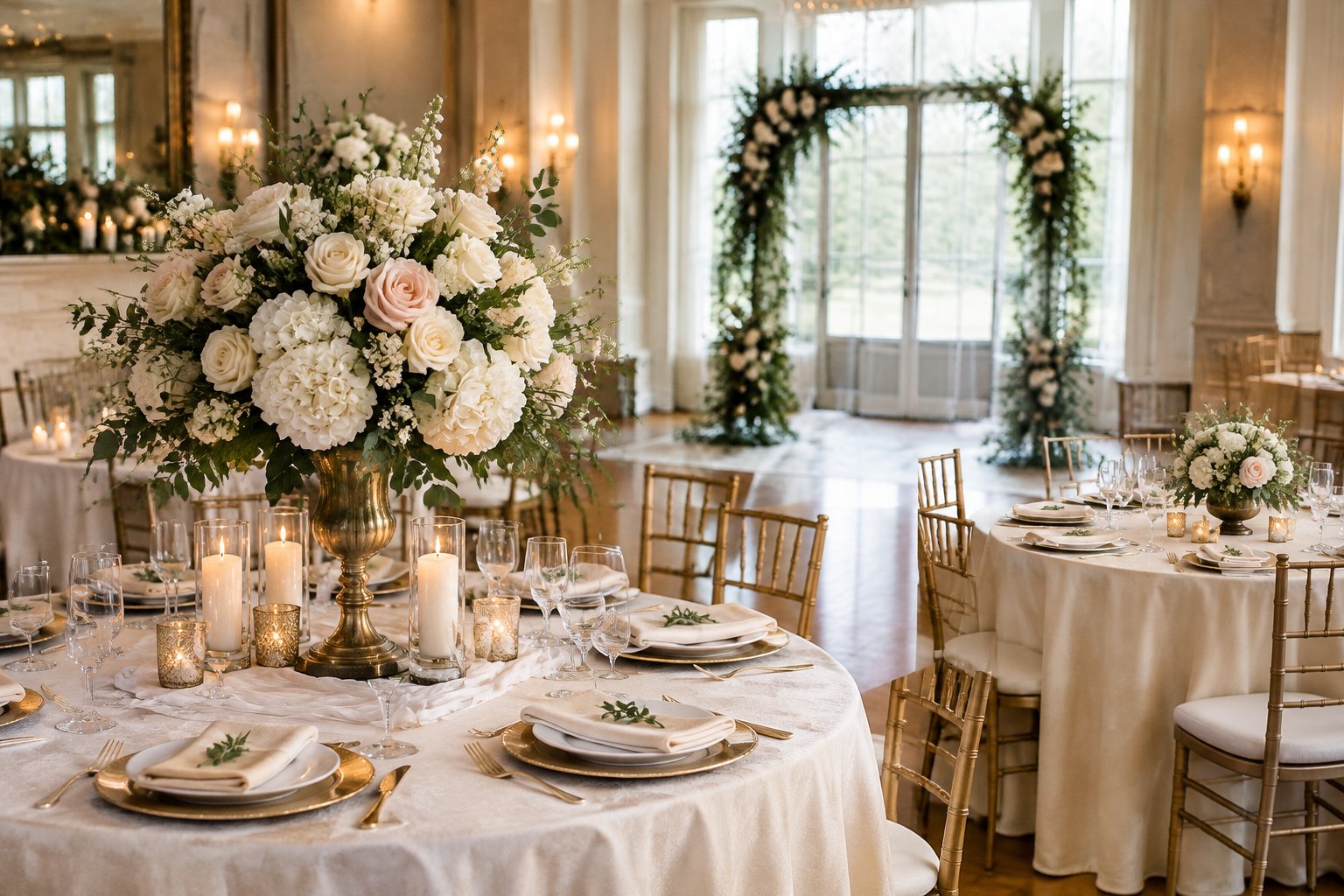 Wedding reception tables display floral arrangements and decor options ranging from simple to elaborate.