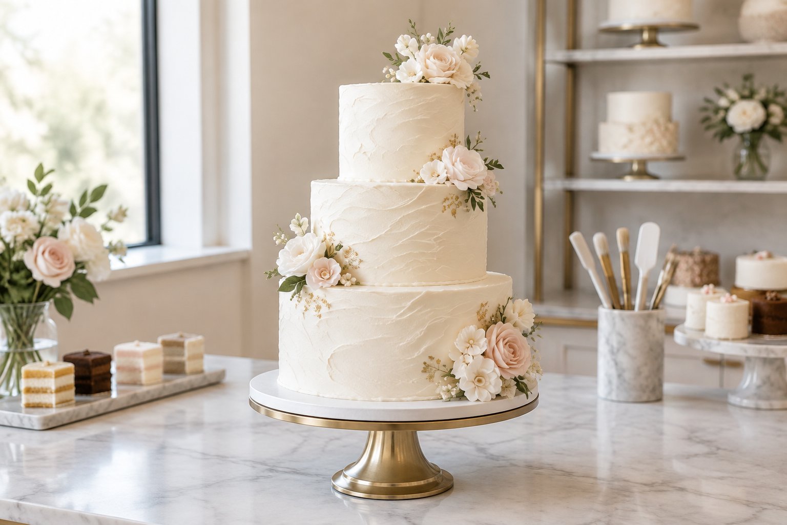 A decorated three-tier wedding cake displayed on a cake stand in an elegant bakery setting.