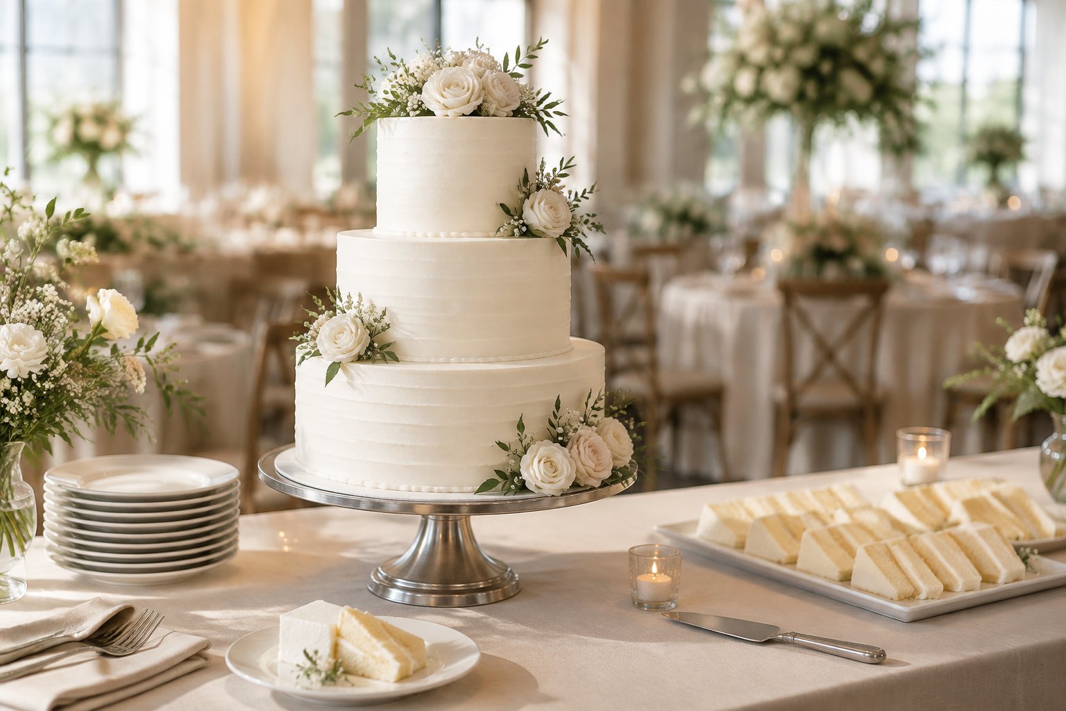 A decorated three-tier wedding cake displayed on a stand at an elegant reception table.