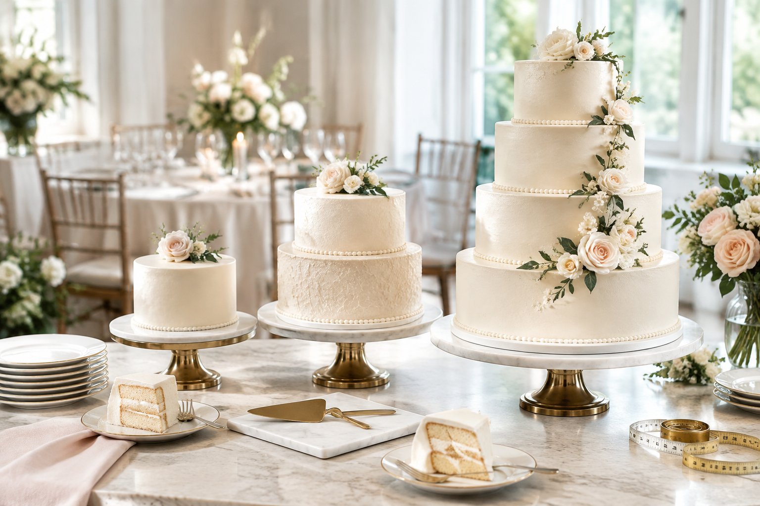 Tiered wedding cakes and cake samples displayed on elegant stands at a reception table.