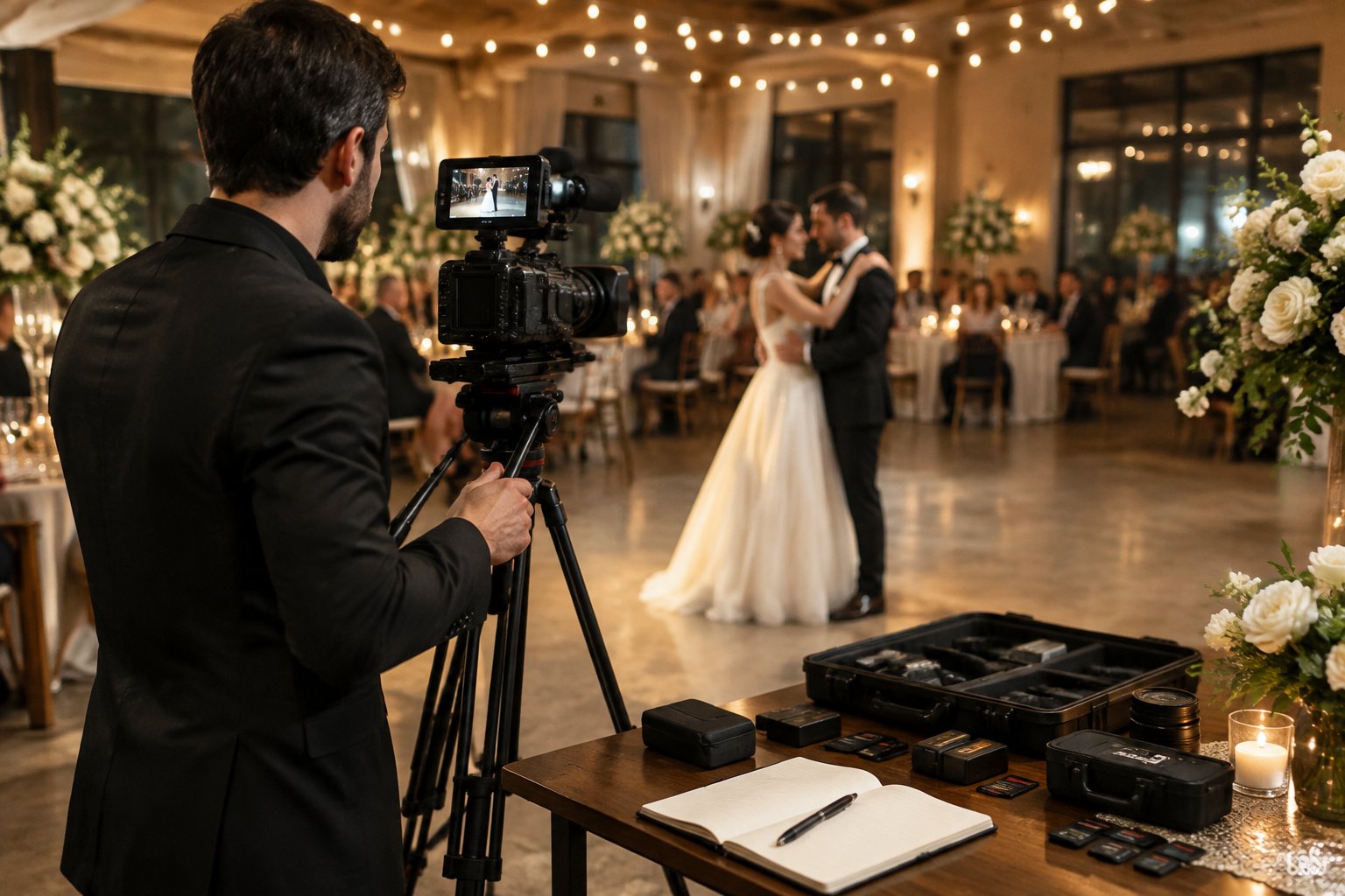 A wedding videographer records a couple’s first dance at an elegant reception.
