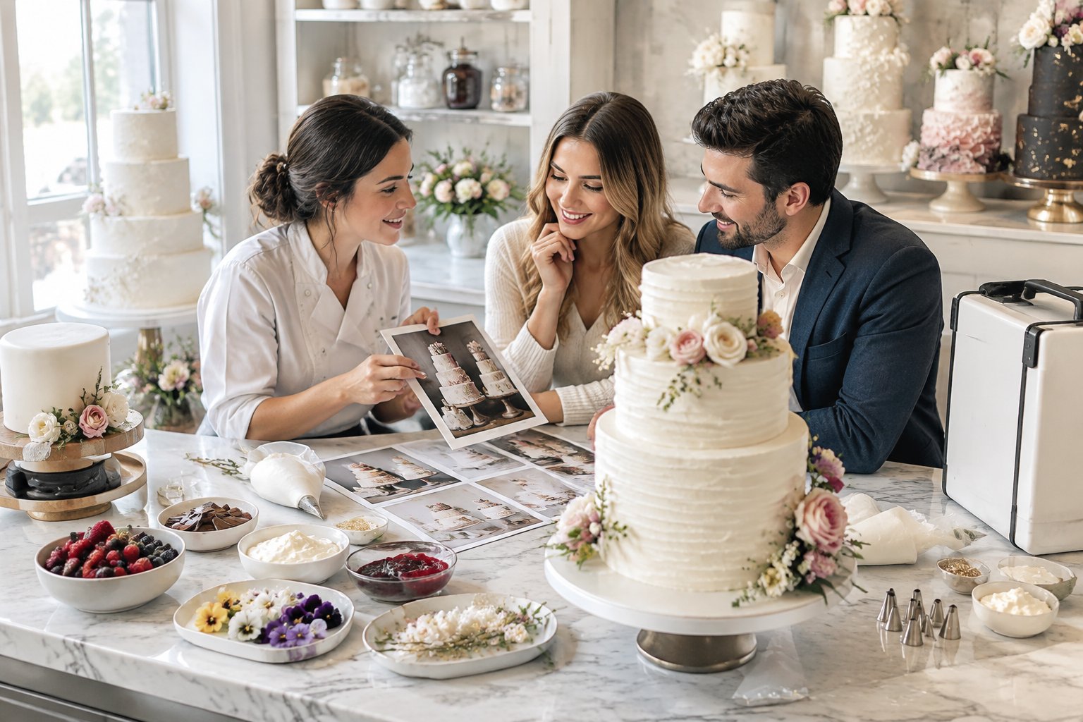 A couple discusses wedding cake options with a baker beside several decorated cakes and baking ingredients.