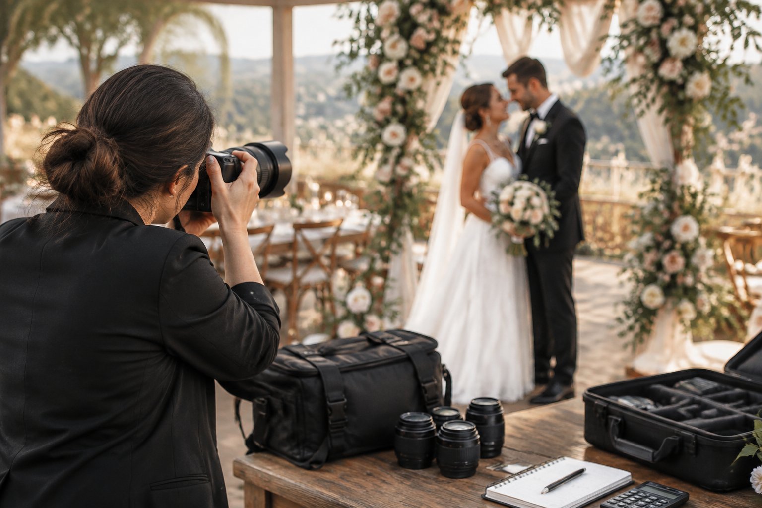 A wedding photographer takes a picture of a newlywed couple at an elegant reception.