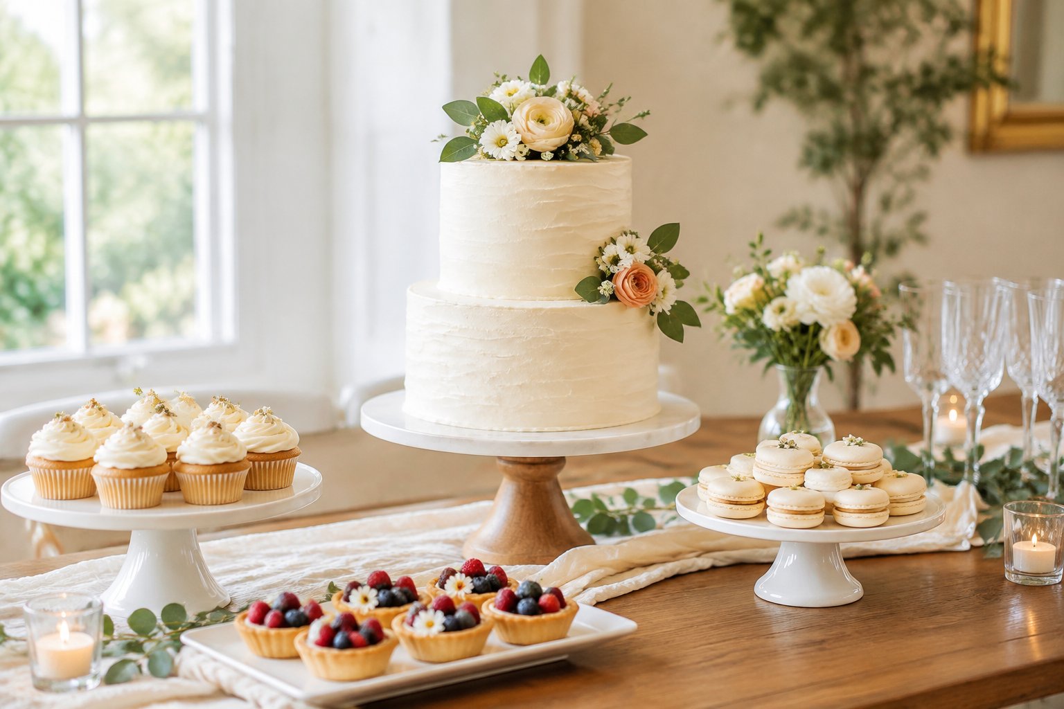 A simple two-tier wedding cake with flowers and small desserts on a decorated reception table.