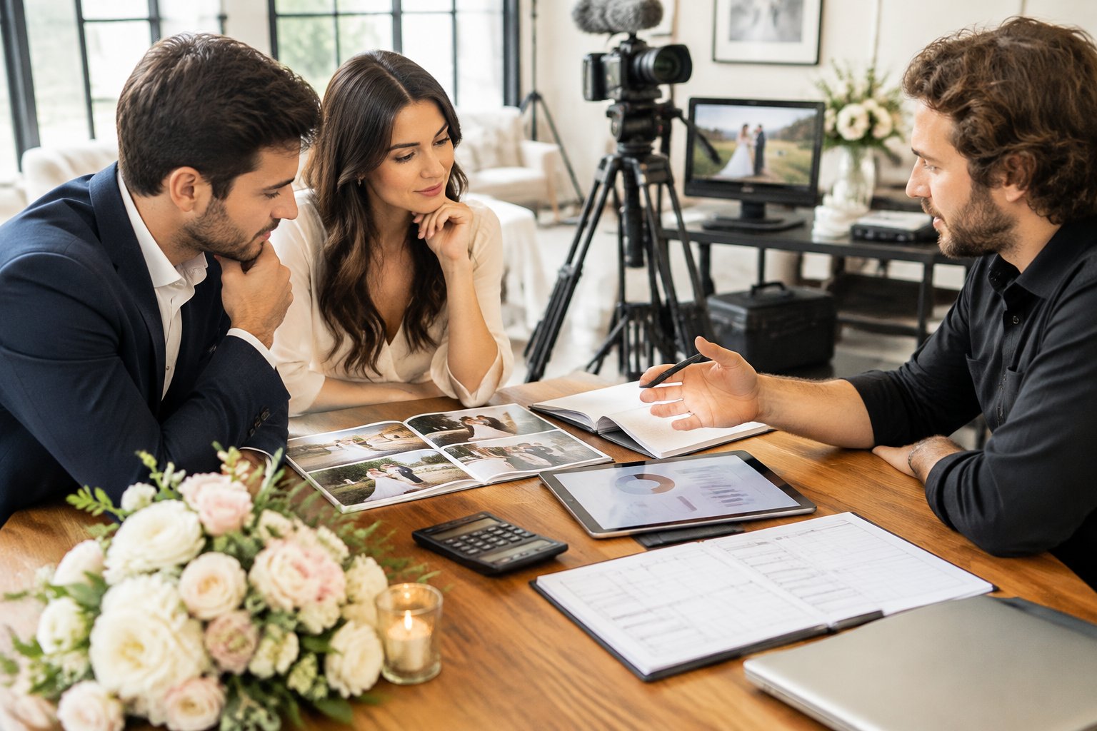 A couple discusses wedding videography options and a budget with a professional videographer.