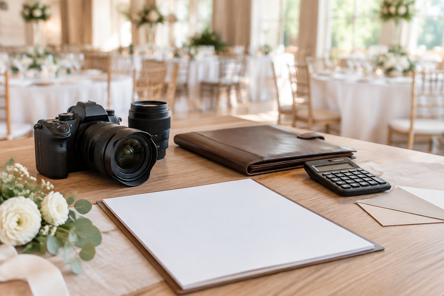 A wedding photography camera and budgeting materials arranged on a desk at an elegant reception venue.