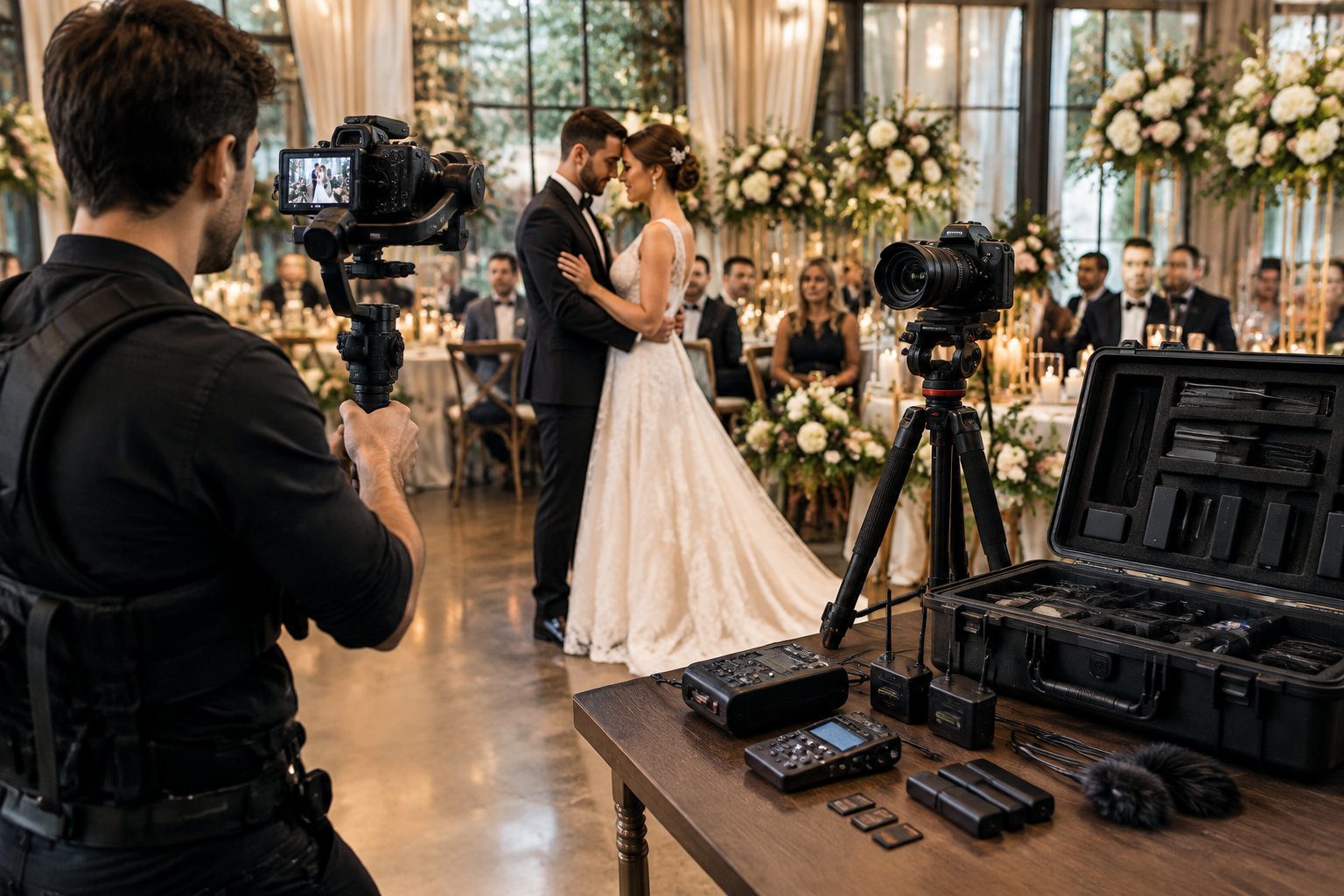 A wedding videographer films a newlywed couple at an elegant reception while professional recording equipment sits nearby.