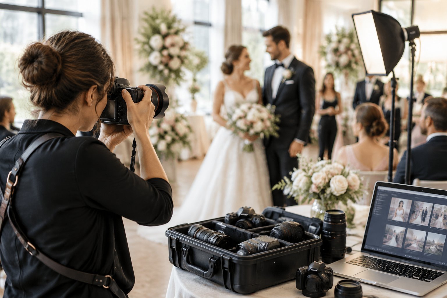 A wedding photographer takes photos while the couple and guests celebrate in the background.