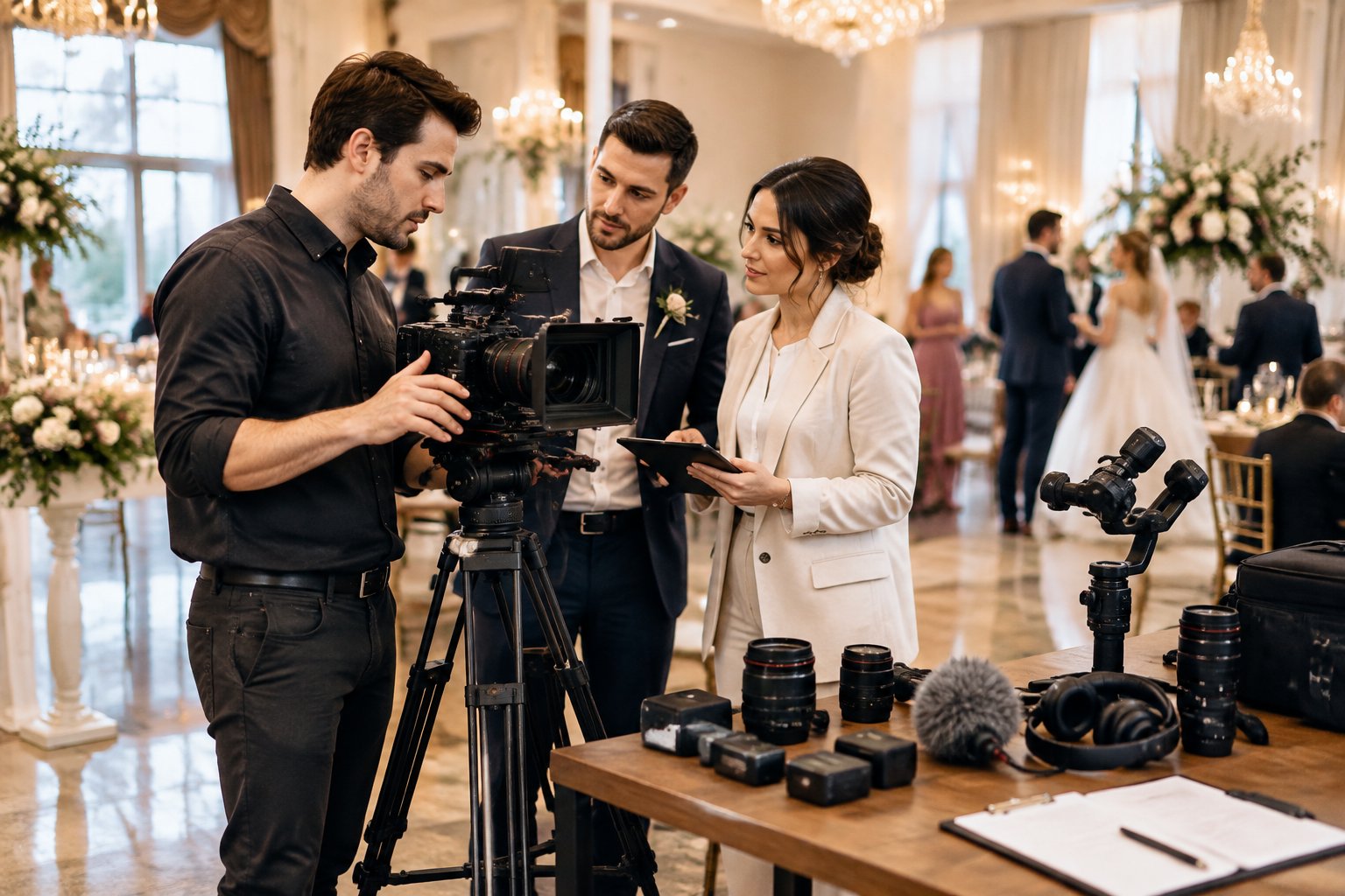 A wedding videographer discusses production details with a couple beside professional camera equipment at an elegant reception venue.