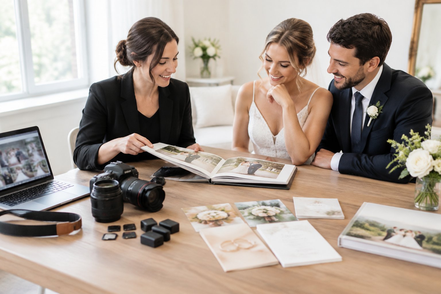 A wedding photographer reviews an album and photography equipment with an engaged couple.