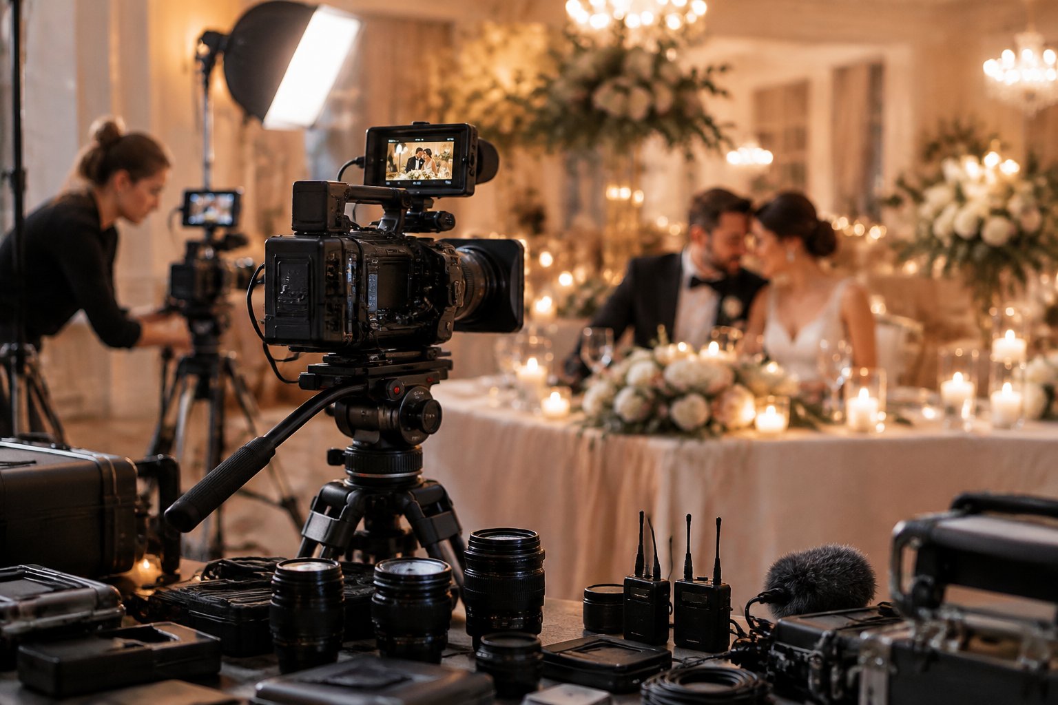 Wedding videography equipment is set up near a couple sharing an intimate moment at their reception.