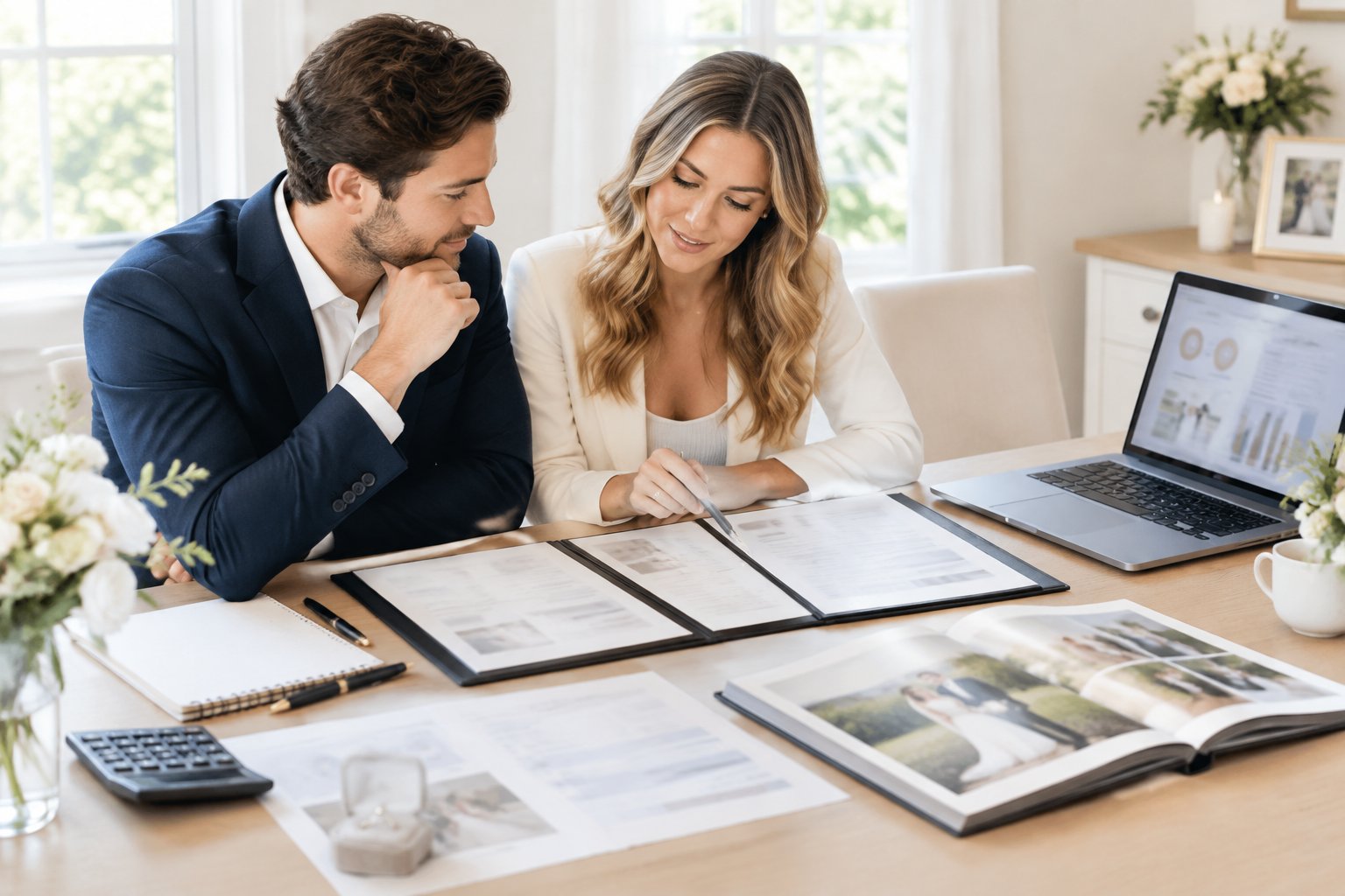 An engaged couple compares wedding photography proposals at a planning table.