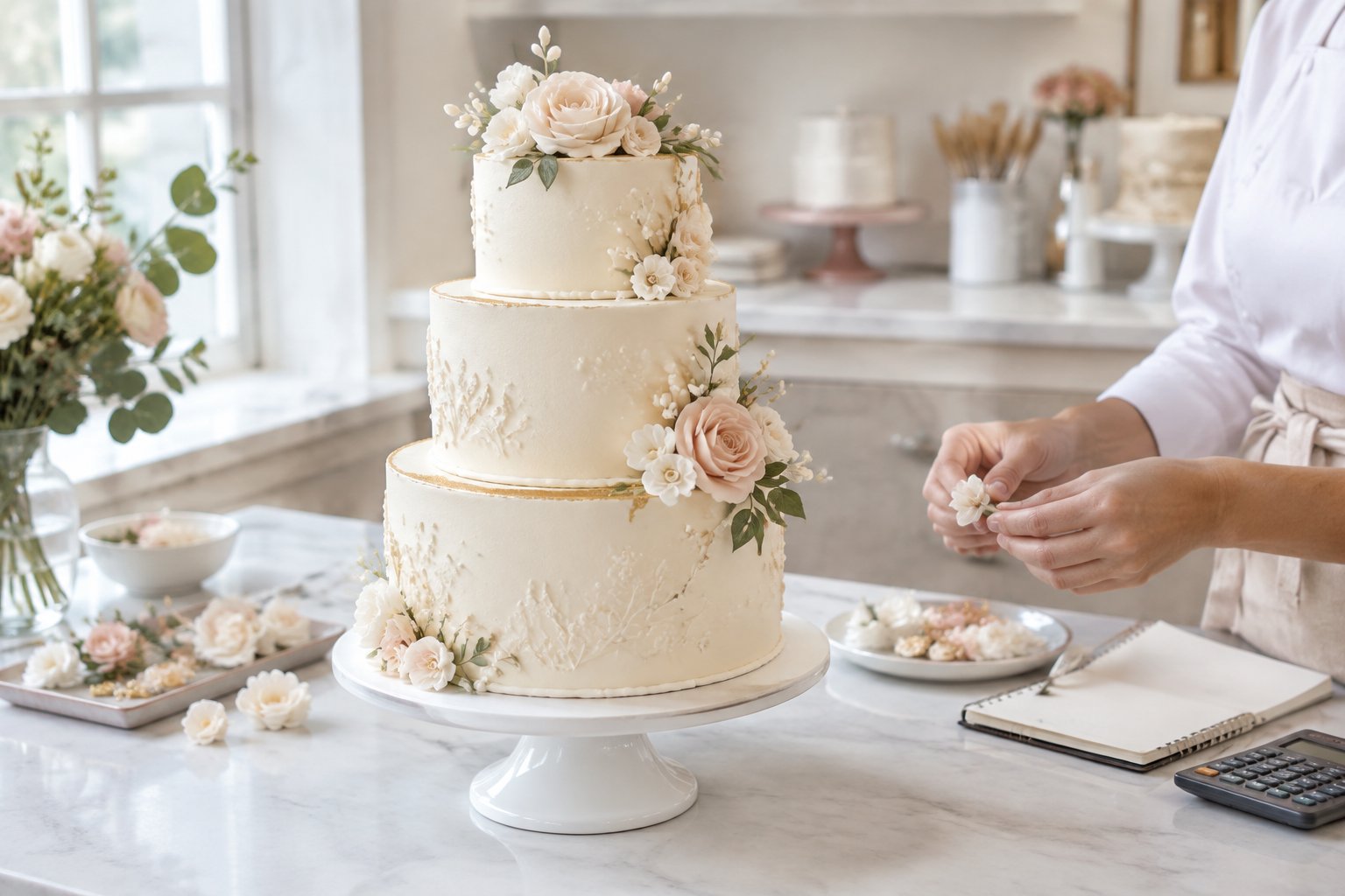 A three-tier wedding cake displayed in an elegant bakery consultation setting.