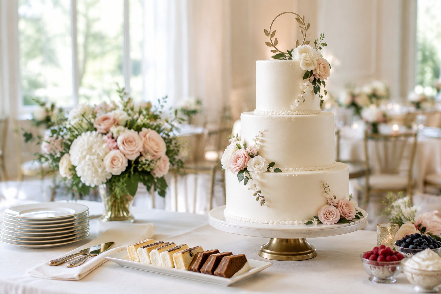 A three-tier white wedding cake displayed on an elegant reception dessert table with flowers and serving accessories.