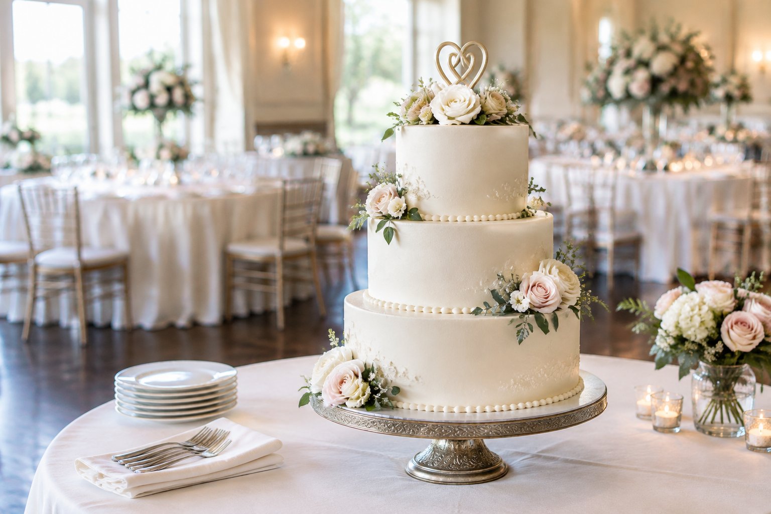 A decorated three-tier wedding cake displayed on an elegant reception table.