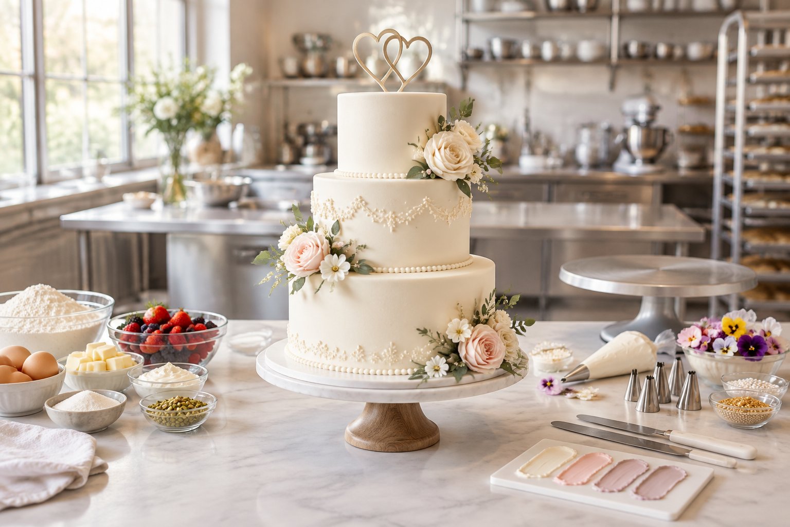 A decorated three-tier wedding cake displayed on a bakery consultation table with ingredients and cake decorating tools nearby.