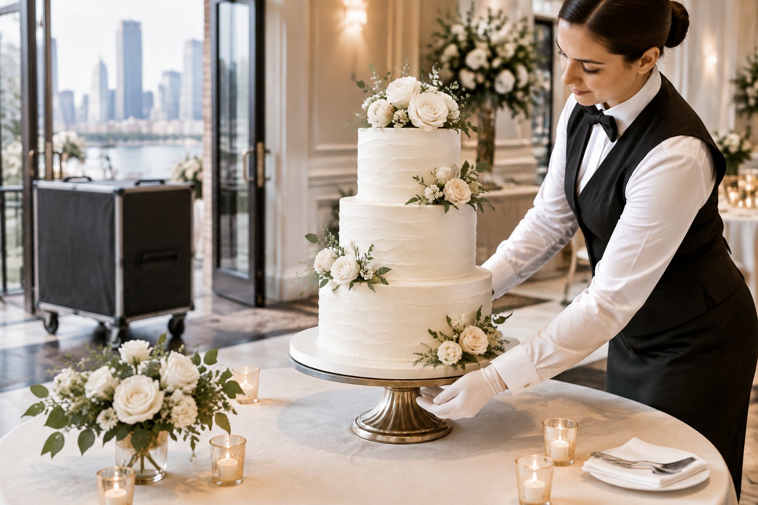 A three-tier wedding cake displayed at an elegant reception venue with a server and cake delivery equipment nearby.