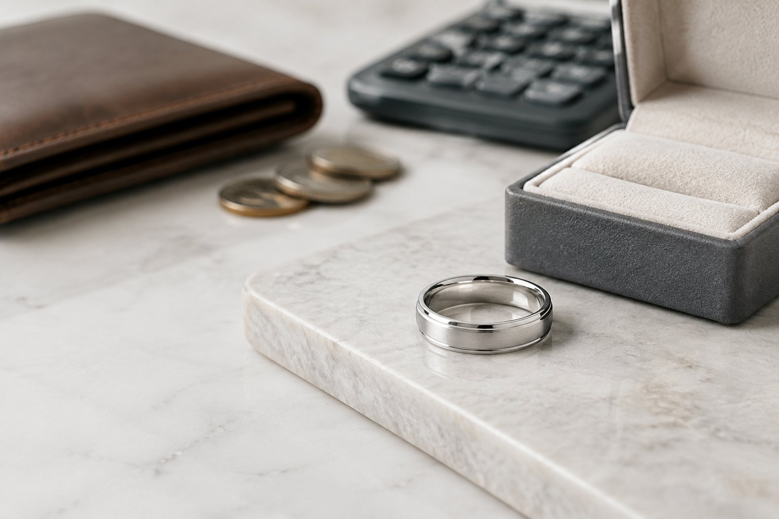 A men's wedding band in an open ring box beside a wallet, coins, and a calculator.