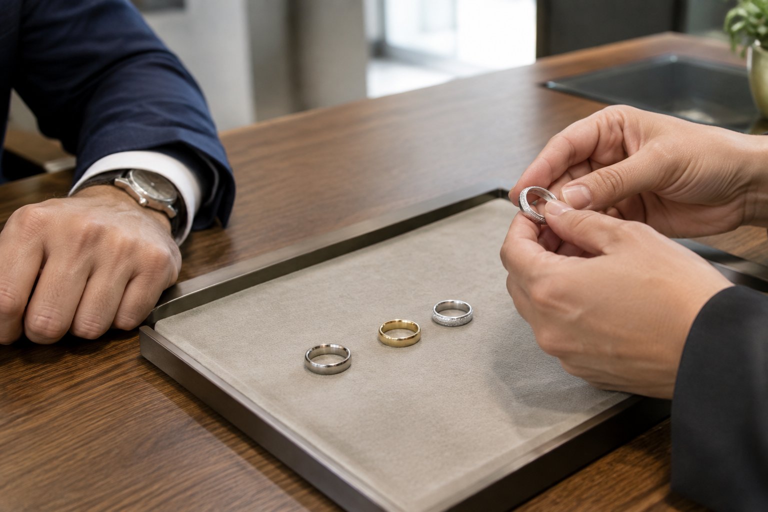 A man compares several wedding bands in different metals at a jewelry counter.