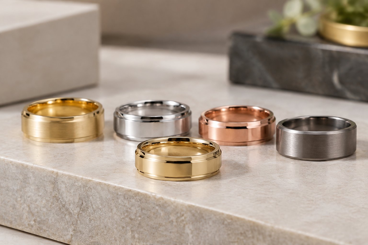 Several men's wedding bands made from different metals displayed on a jewelry surface.