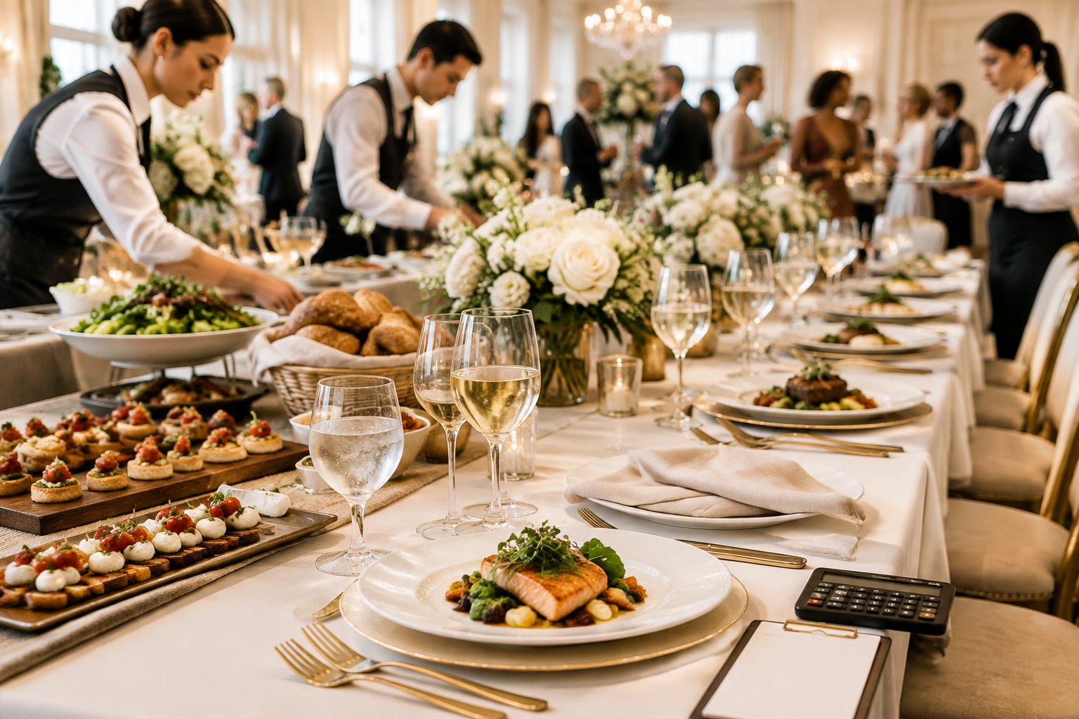 A catered wedding reception table with plated meals, drinks, floral centerpieces, and staff preparing food.