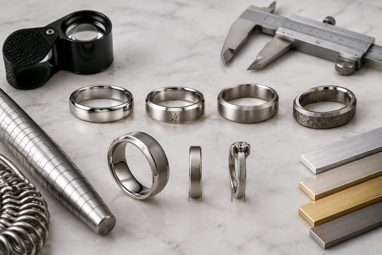 Several men's wedding band designs and jewelry tools arranged on a jeweler's workbench.