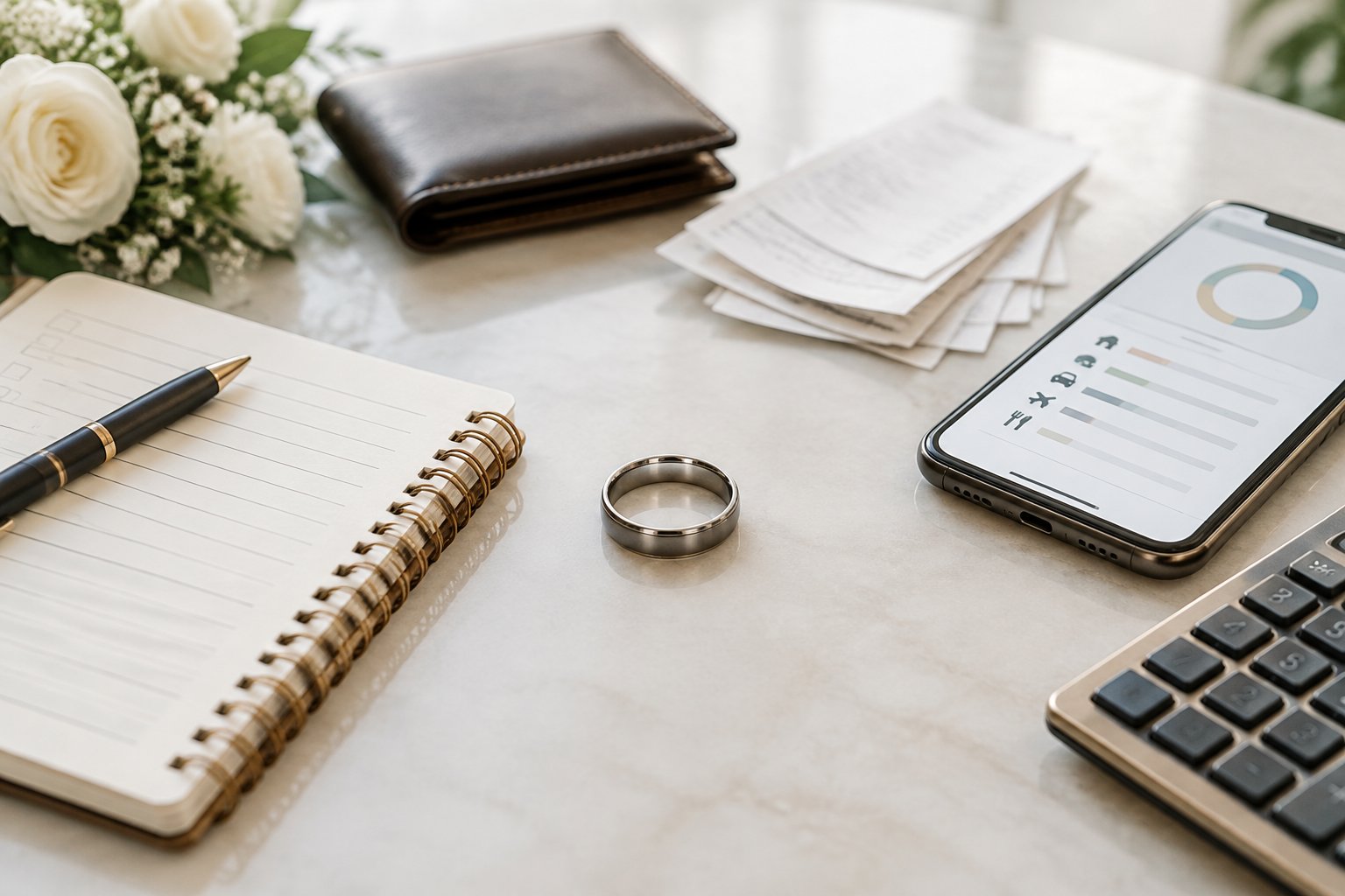 A men's wedding band sits beside a calculator, notebook, smartphone, and neatly arranged financial items.