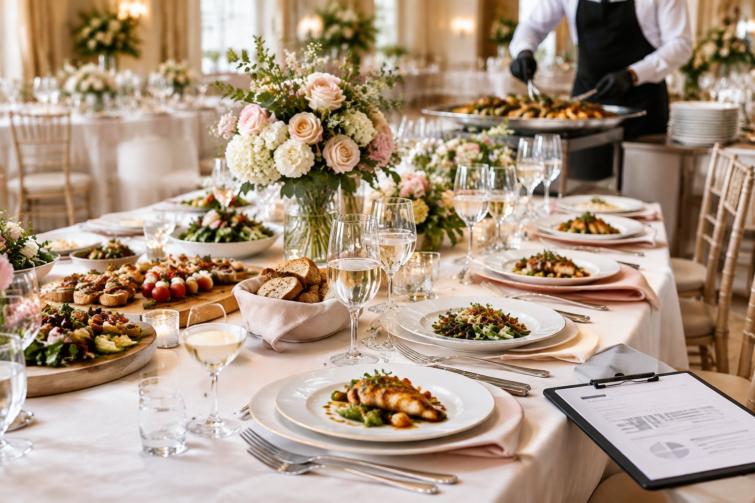 An elegant wedding reception table with plated meals, place settings, and a caterer serving food.