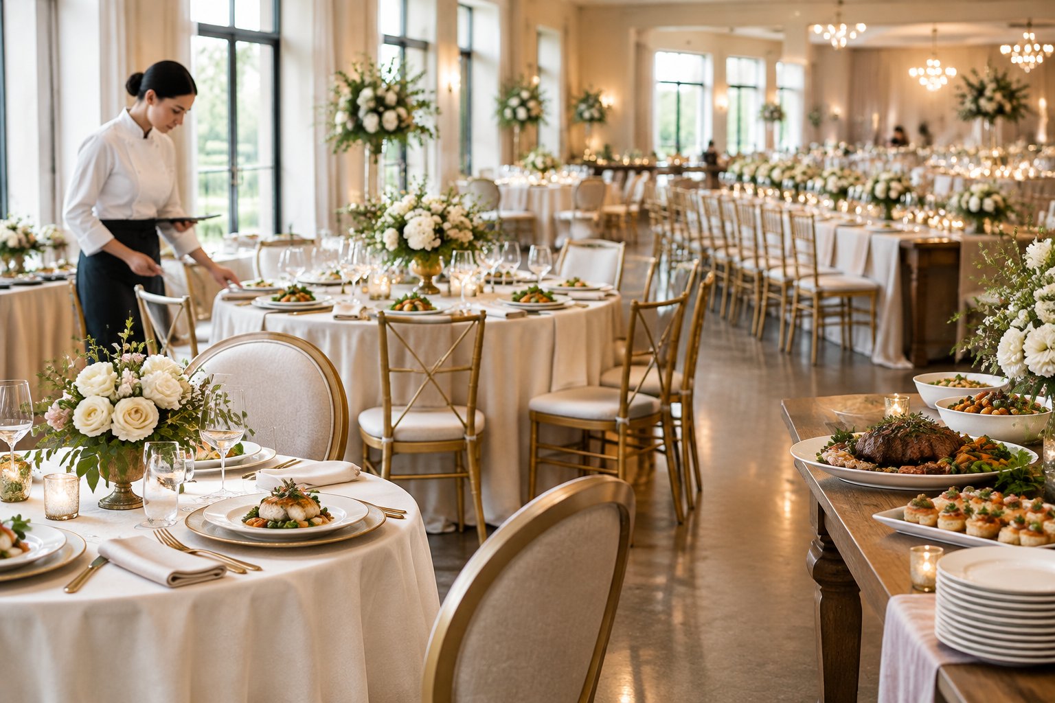 An elegant wedding reception with catered meals arranged across tables of increasing size.