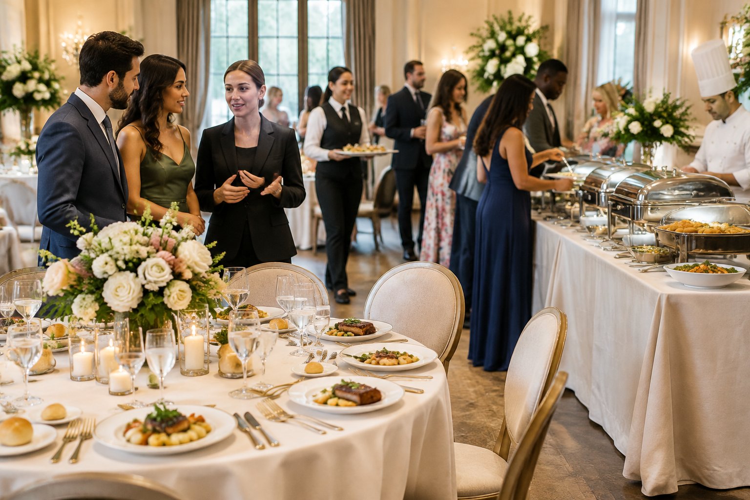 Wedding guests experience plated, buffet, and passed-appetizer catering at an elegant reception.