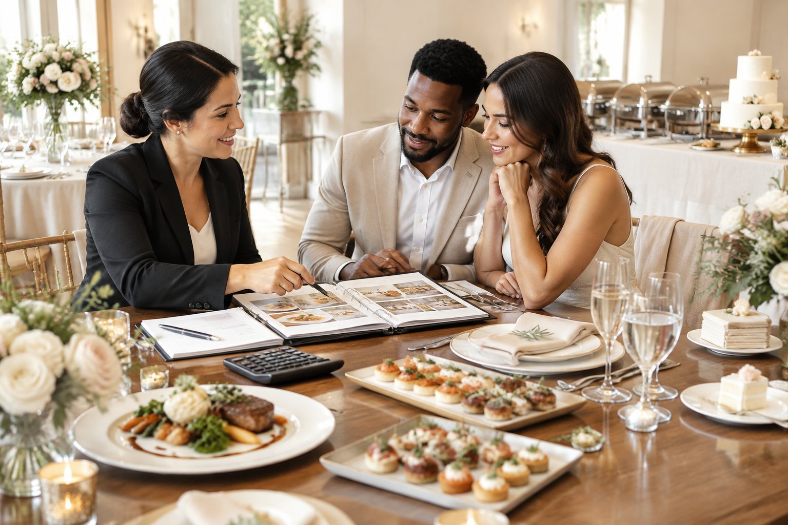 A couple reviews wedding catering costs with a coordinator beside plated food and elegant reception table settings.