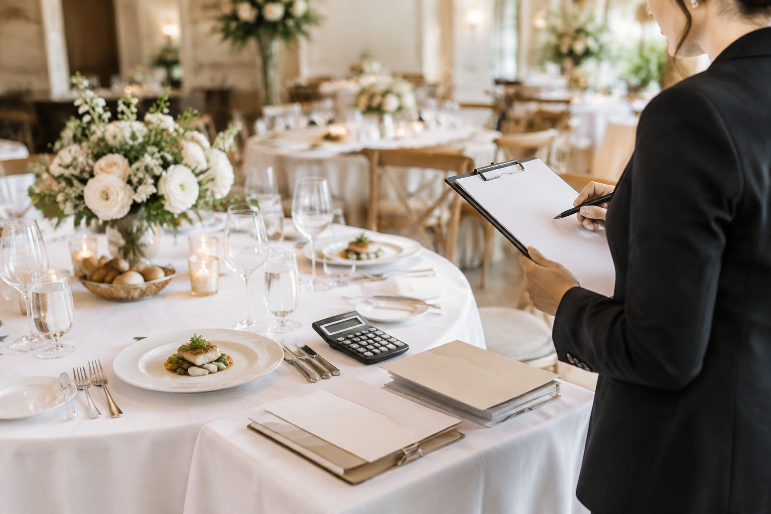 An event planner reviews catering materials beside an elegantly set wedding reception table.