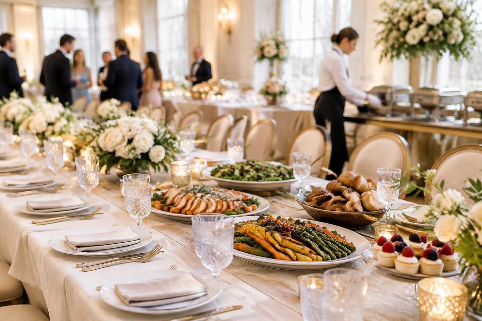 An elegant wedding reception table set with plated food, serving dishes, and floral centerpieces.