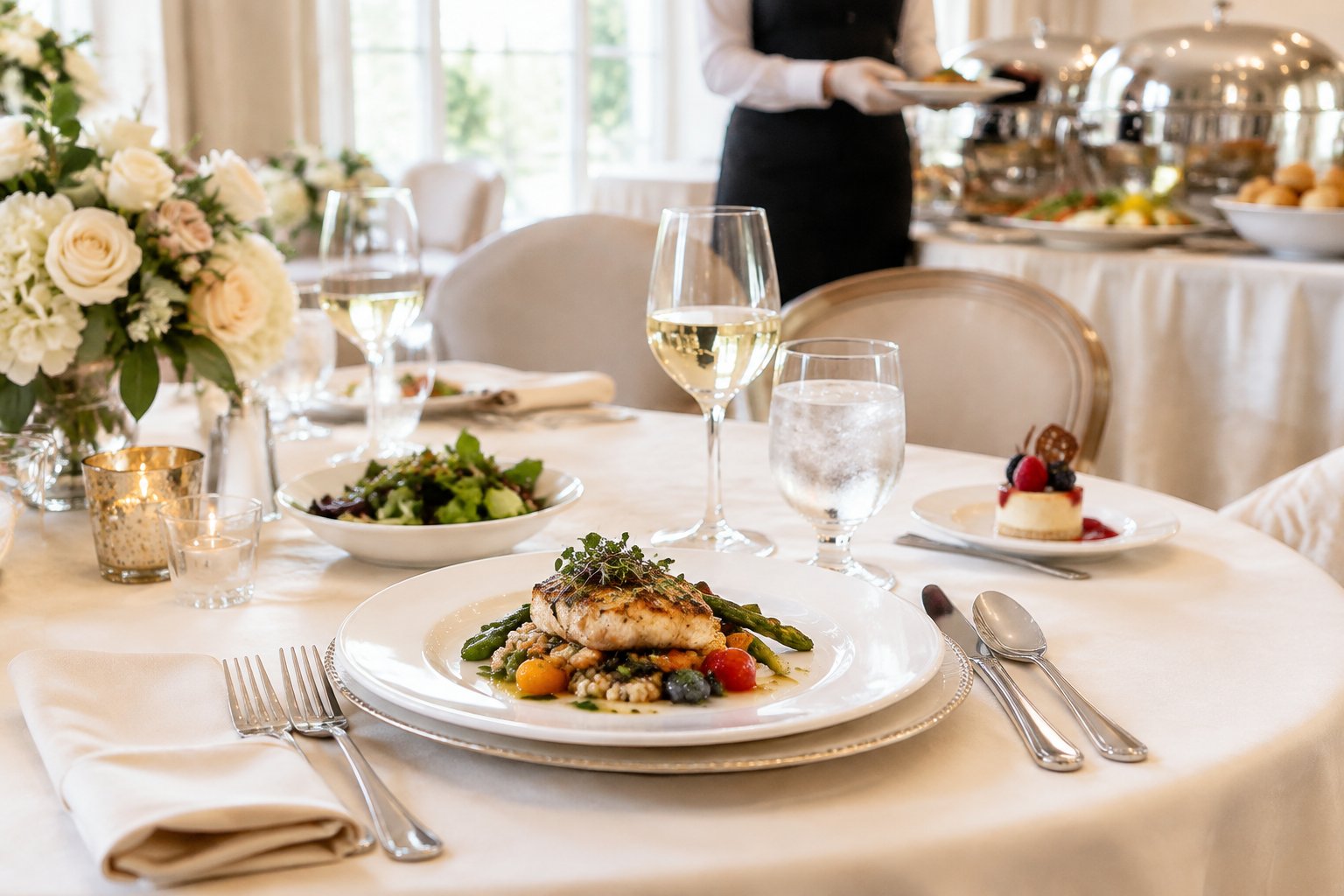 A wedding reception table set with a plated meal, drinks, dessert, and catering service in the background.